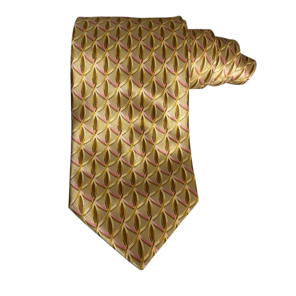 LANVIN "Paris" Gold & Pink Geometric Print 100% Silk, Made in France